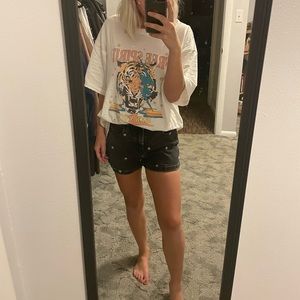 Black, small white flower embroidery, high rise, denim, jean shorts.